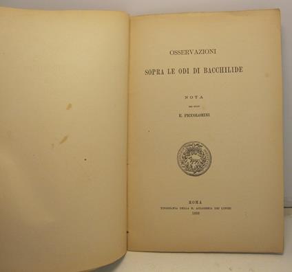 Osservazioni sopra le odi di Bacchilide. Nota - copertina