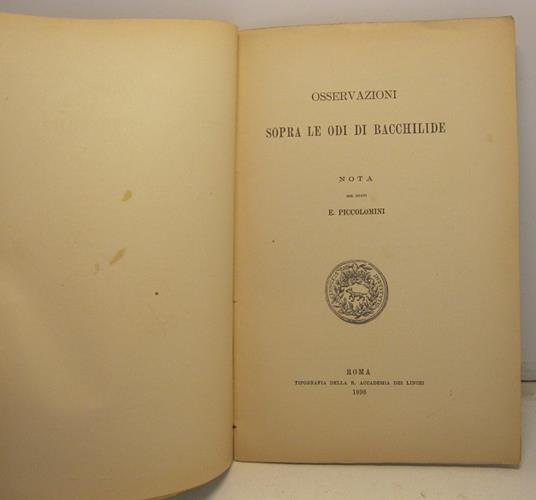 Osservazioni sopra le odi di Bacchilide. Nota - copertina