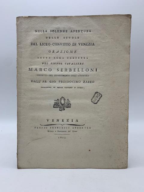 Nella solenne apertura delle scuole del Liceo-Convitto di Venezia. Orazione detta alla presenza del signor cavaliere Marco Serbelloni - copertina