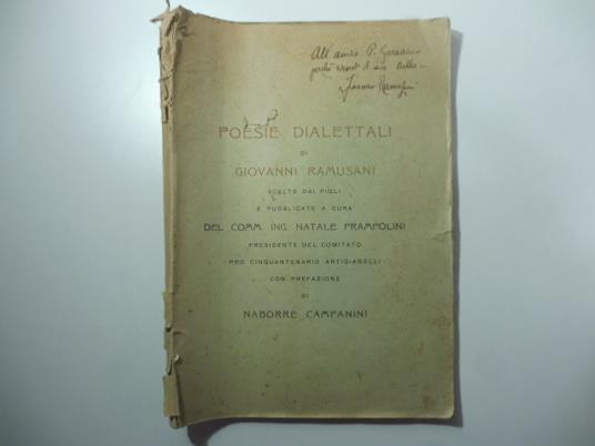 Poesie dialettali di Giovanni Ramusani scelte dai figli e pubblicate a cura del Comm. Ing. Natale Prampolini - copertina