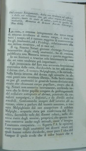 Del comune integumento della sua struttura ed uffici e delle sue relazioni con gli altri organi del corpo umano ...di S. Notari. (Stralcio da: Nuovo giornale de' letterati. N. 78. 1834) - copertina