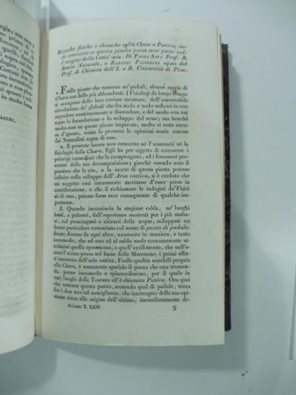 Ricerche fisiche e chimiche sulla chara o putera onde conoscere se questa pianta possa aver parte nell'origine della Cattiv' aria. Di Paolo Savi... e Ranieri Passerini...(Stralcio da: Nuovo giornale de' lettrati. N. 59. 1831) - copertina