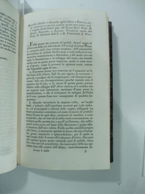 Ricerche fisiche e chimiche sulla chara o putera onde conoscere se questa pianta possa aver parte nell'origine della Cattiv' aria. Di Paolo Savi... e Ranieri Passerini...(Stralcio da: Nuovo giornale de' lettrati. N. 59. 1831) - copertina