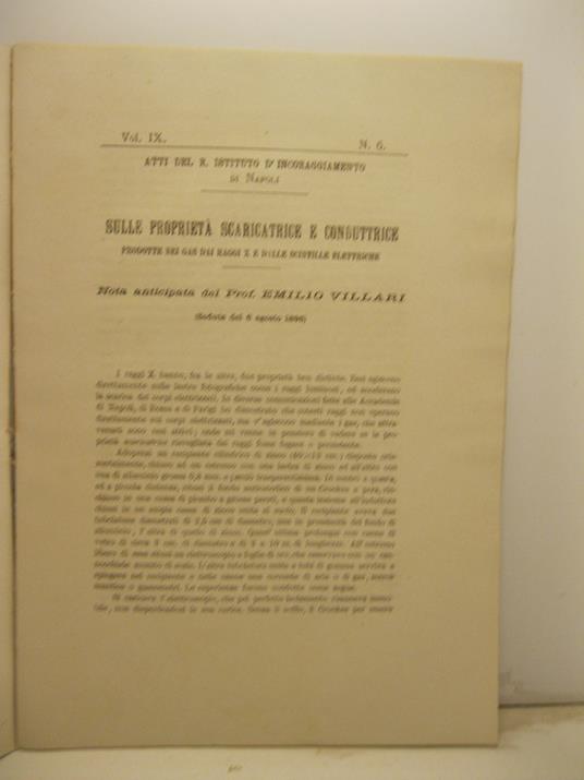 Sulle proprieta' scaricatrice e conduttrice prodotte nei gas dai raggi X e dalle scintille elettriche - copertina