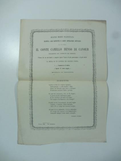 Quando morte inaspettata rapiva... il conte Camillo Benso di Cavour... la musa di un povero ed oscuro poeta... dettava il seguente sonetto - copertina
