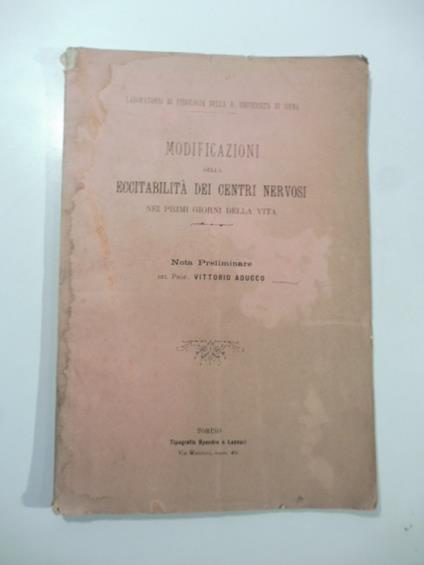 Modificazioni della eccitabilita' dei centri nervosi nei primi giorni della vita - copertina