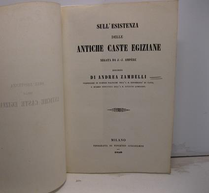 Sull'esistenza delle antiche caste egiziane negata da J.-J. Ampe're - copertina
