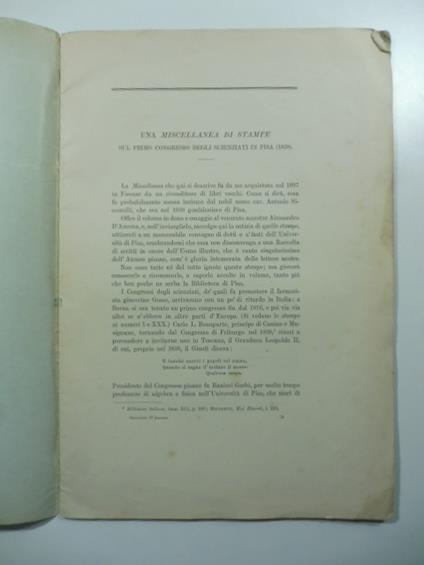 Una miscellanea di stampe sul primo Congresso degli scienziati in Pisa (1839) - Orazio Bacci - copertina