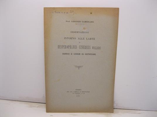 Osservazioni intorno alle larve di hesperophanes cinereus willers dannose ai legnami da costruzione - Lorenzo Camerano - copertina