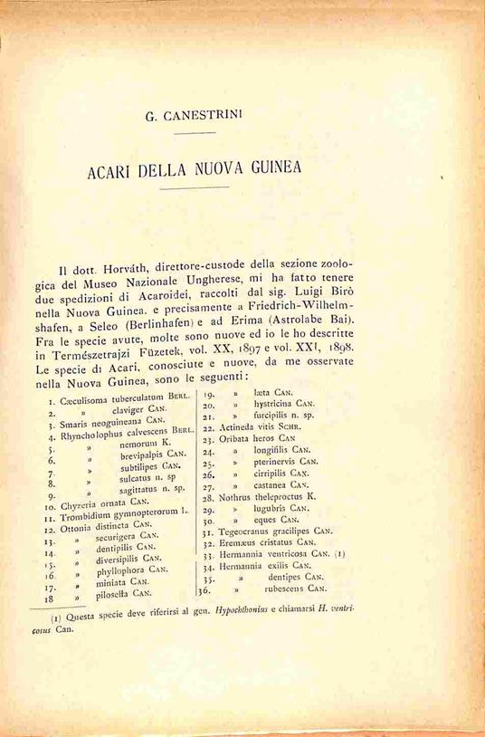 Acari della Nuova Guinea - Giovanni Canestrini - copertina