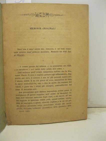 Dell'uso e dell'abuso del tabacco e de' suoi perniciosi effetti sull'animale economia - Luigi Chierici - copertina