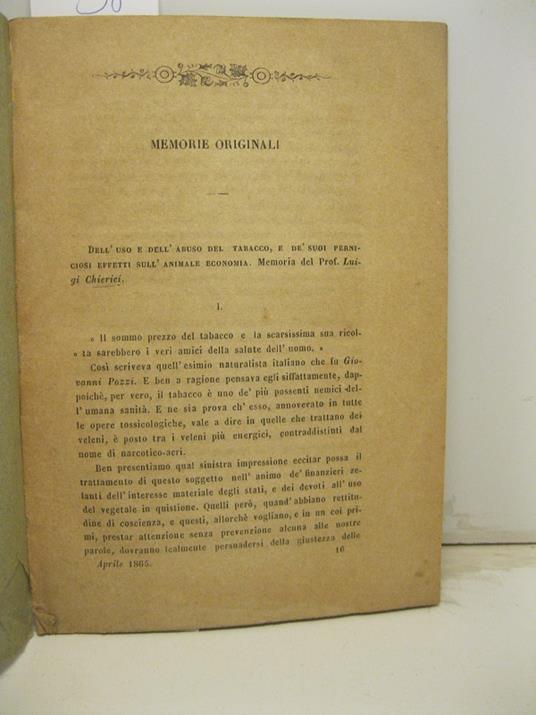 Dell'uso e dell'abuso del tabacco e de' suoi perniciosi effetti sull'animale economia - Luigi Chierici - copertina