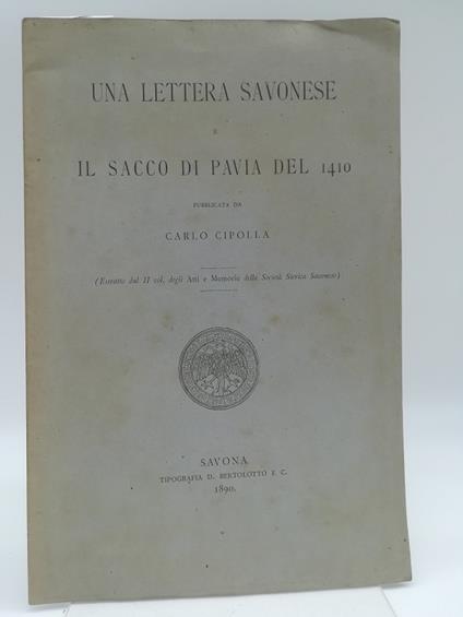 Una lettera savonese e il sacco di Pavia del 1410 - Carlo Cipolla - copertina