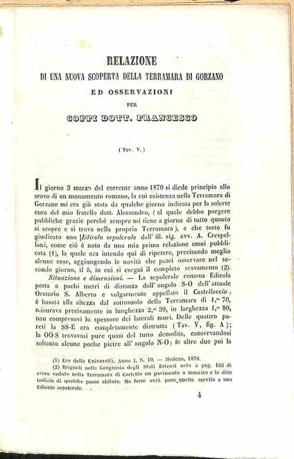 Relazione di una nuova scoperta della Terramara di Gorzano - Francesco Coppi - copertina