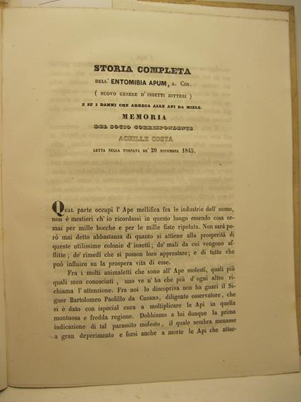 Storia completa dell'entomibia apum, A. Cos. (nuovo genere d'insetti ditteri) e su i danni che arreca alle Api da miele. Memoria.. - Achille Costa - copertina