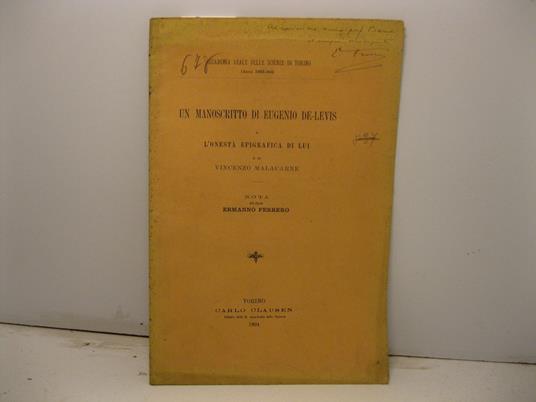 Un manoscritto di Eugenio De-Levis e l'onesta' epigrafica di lui e di Vincenzo Malacarne - Ermanno Ferrero - copertina