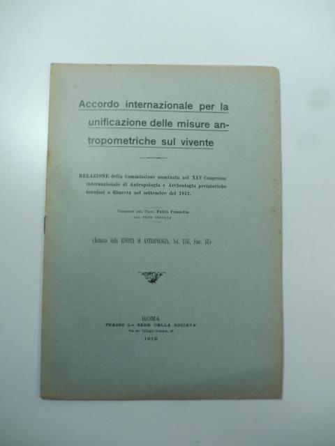 Accordo internazionale per la unificazione delle misure antropometriche sul vivente - Fabio Frassetto - copertina
