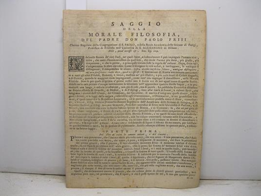 Saggio della morale filosofia del padre Don Paolo Frisi cherico regolare della Congregazione di S. Paolo e della Reale Accademia delle Scienze di Parigi.. - Paolo Frisi - copertina