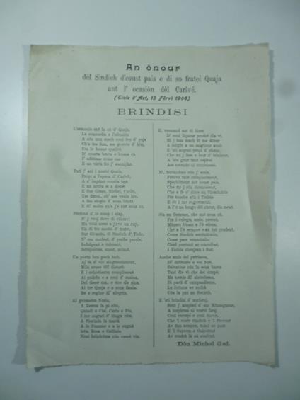 An onour del sindich d'coust pais e di so fratei Quaia ant l'ocasion del Carlve'. (Tiole d'Ast, 13 ferve' 1906). Brindisi - Michele Gallo - copertina
