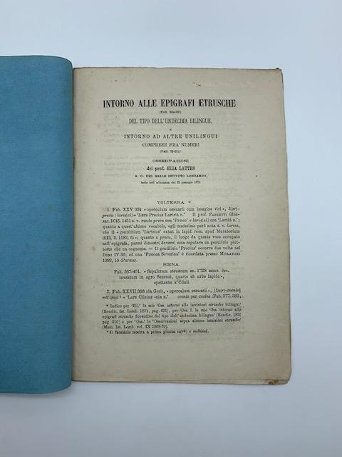 Intorno alle epigrafi etrusche del tipo dell'undecima bilingue e intorno ad altre unilingui.. - Elia Lattes - copertina