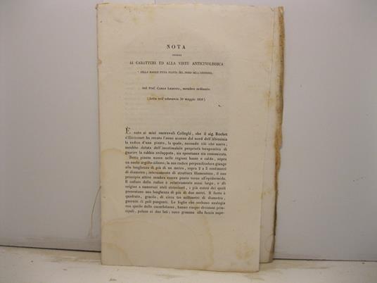 Nota intorno ai caratteri ed alla virtu' anticinolissica della radice d'una pianta anticinolissica della radice d'una pianta del nord dell'Abissinia - Carlo Lessona - copertina