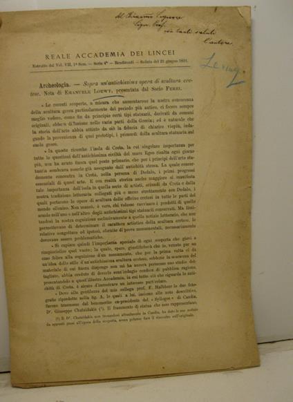 Archeologia. Sopra un'antichissima opera di scultura cretese - Emanuele Loewy - copertina