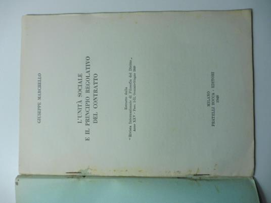 L' unita' sociale e il principio regolativo del contratto - Giuseppe Marchello - copertina