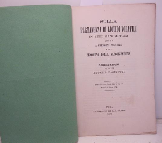 Sulla permanenza di liquidi volatili in tubi manometrici anche a pressioni negative e sul fenomeno della vaporizzazione. Osservazioni. Estratto dal Nuovo Cimento, serie 2, vol. V-VI, giugno 1872 - Antonio Pacinotti - copertina