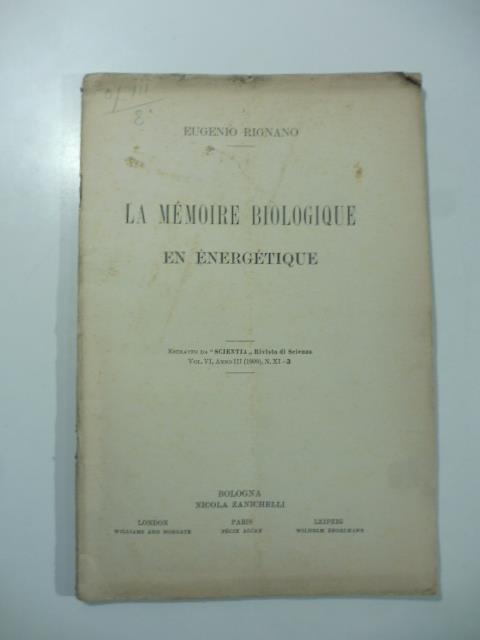 La memoire biologique en energetique - Eugenio Rignano - copertina