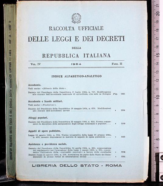 Raccolta leggi e decreti Rep Italiana. Vol IV Fasc II 1964 - copertina