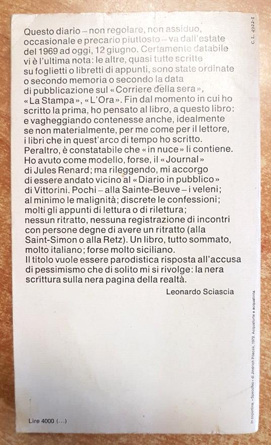 Leonardo Sciascia - Nero Su Nero 1979 Gli Struzzi Einaudi - Leonardo Sciascia - copertina