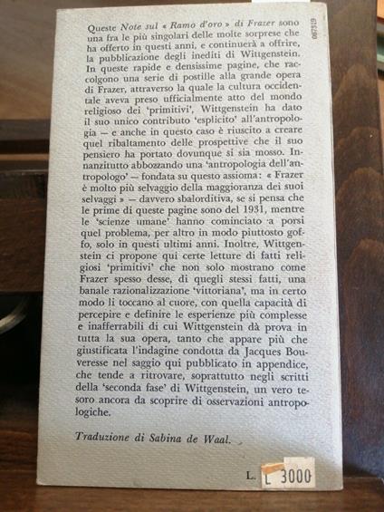 Ludwig Wittgenstein - Note Sul 'Ramo D'Orò Di Frazer - 1979 - Adelphi - - Ludwig Wittgenstein - copertina