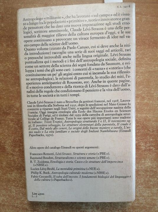 Lvi-Strauss - Razza E Storia E Altri Studi Di Antropologia 1979 Einaudi - Claude Lévi-Strauss - copertina