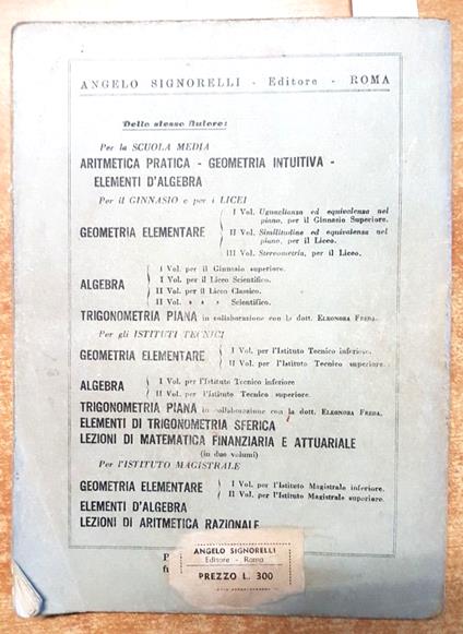 Trigonometria Piana Per Le Scuole Secondarie Superiori 1946 A. Signorelli - copertina