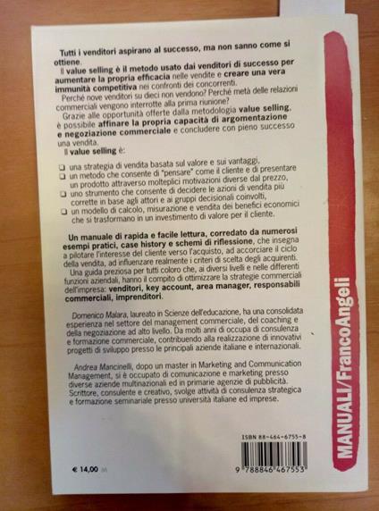 Value Selling Valorizzare I Propri Prodotti - Malara 2005 Francoangeli - copertina