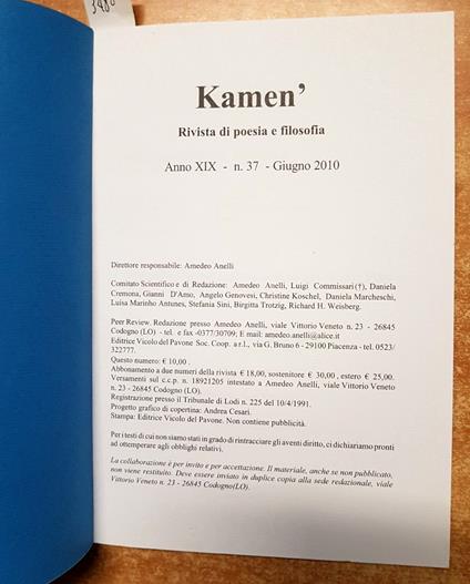 Kamen' Rivista Di Poesia E Filosofia 37: Commissari, Scritti Sull'Umorismo - copertina
