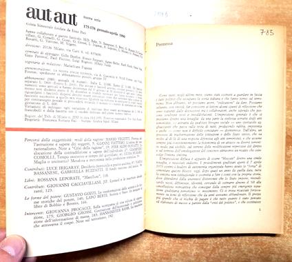 Aut Aut N. 175 176 Gennaio-Aprile 1980 Vegetti Muraro Vattimo Gozzi Berti - copertina