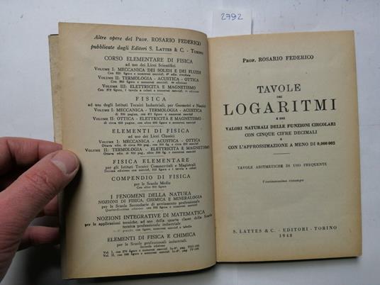 Tavole Dei Logaritmi - Rosario Federico 1948 Lattes - Rosario Federico - copertina