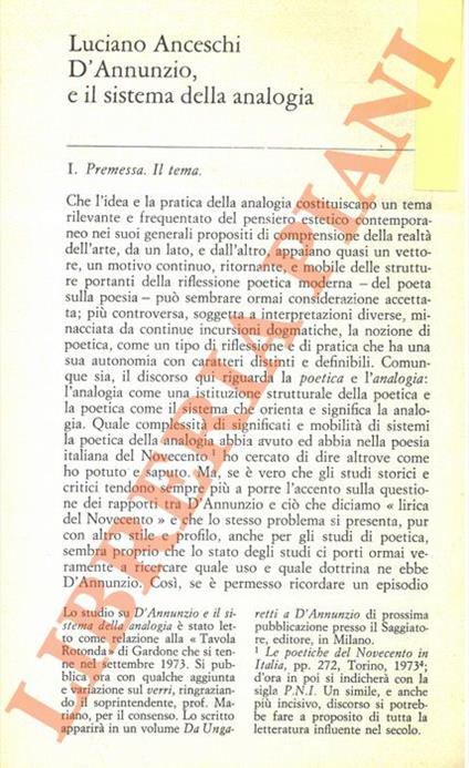 D'Annunzio e il sistema della analogia - Luciano Anceschi - copertina