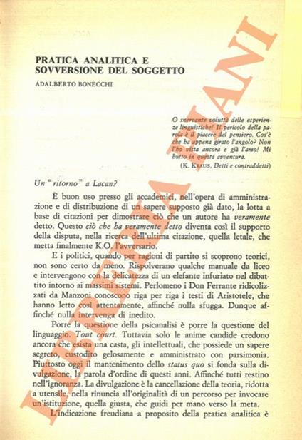 Pratica analitica e sovversione del soggetto - Adalberto Bonecchi - copertina