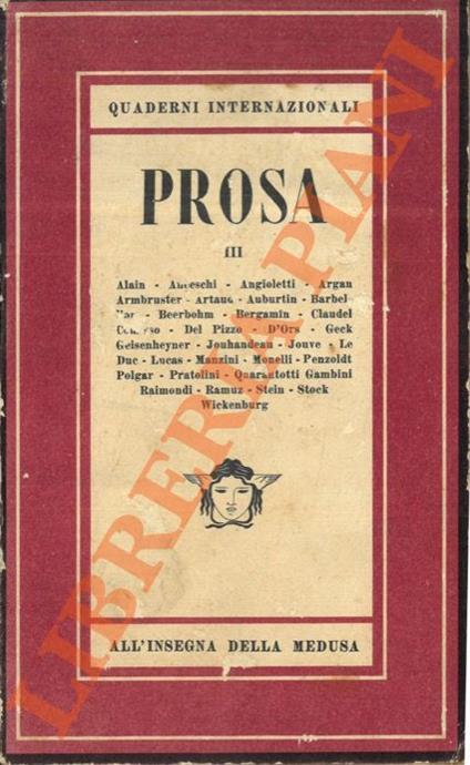 Quaderni Internazionali. (All’insegna della Medusa). Prosa III - Gianna Manzini - copertina