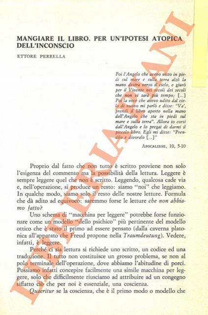 Mangiare il libro. Per un'ipotesi atopica dell'inconscio - Ettore Perrella - copertina