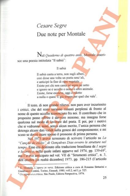 Due note per Montale - Cesare Segre - copertina