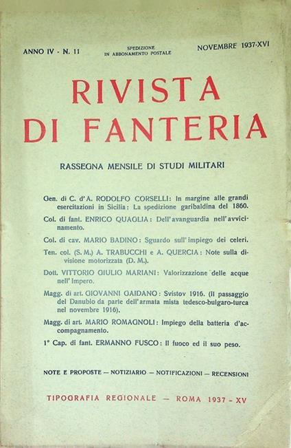 Rivista di fanteria: rassegna mensile di studi militari: Anno IV - N. 11 - Novembre 1937-XV - copertina