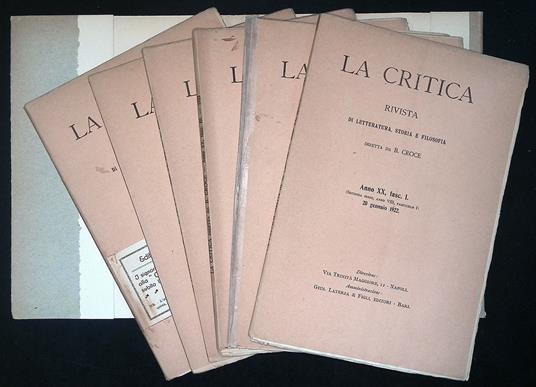 Critica. Rivista di Letteratura, Storia e Filosofia. Anno XX, Fascicoli I-II-III-IV-V-VI 1922 - copertina