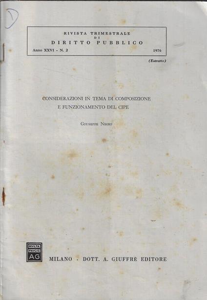Considerazioni in tema di composizione e funzionamento del Cipe - Giuseppe Negro - copertina