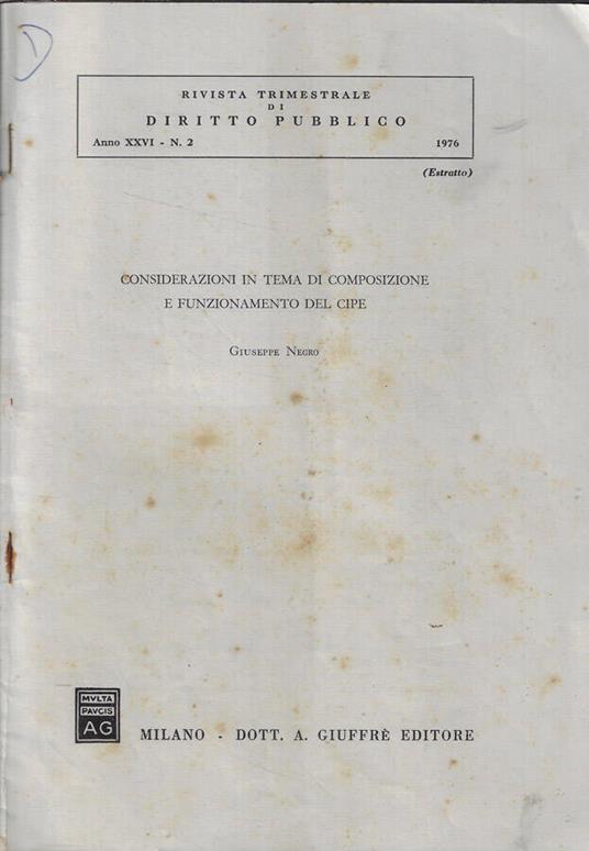 Considerazioni in tema di composizione e funzionamento del Cipe - Giuseppe Negro - copertina