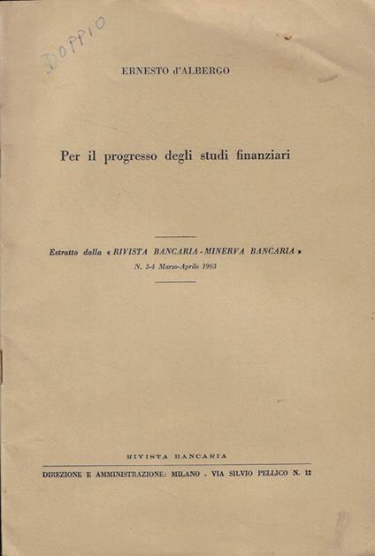 Per il progresso degli studi finanziari - Ernesto D'Albergo - copertina