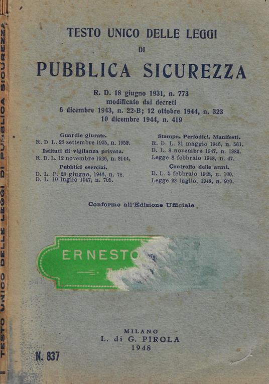 Testo unico delle leggi di pubblica sicurezza - copertina