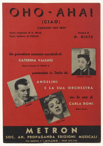 Oho-Aha! (Ciao) Spartito X Canto Mandolino O Fisarmonica - Fetz, Pinchi, Gietz - Edizioni Musicali Metron, - 1955 - copertina